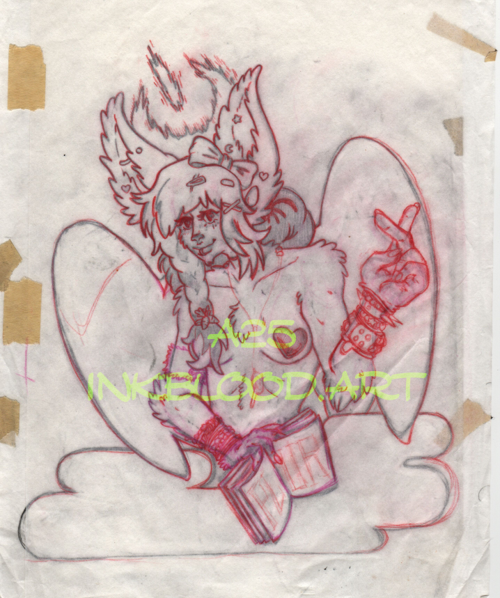a sketch of the same image of a foxlike feminine person. she is posed like a religious figure, holding her hand up in a symbol of blessing and holding and illuminated manuscript with caligraphy spelling 'PLUR'. She is sketched in red pencil.