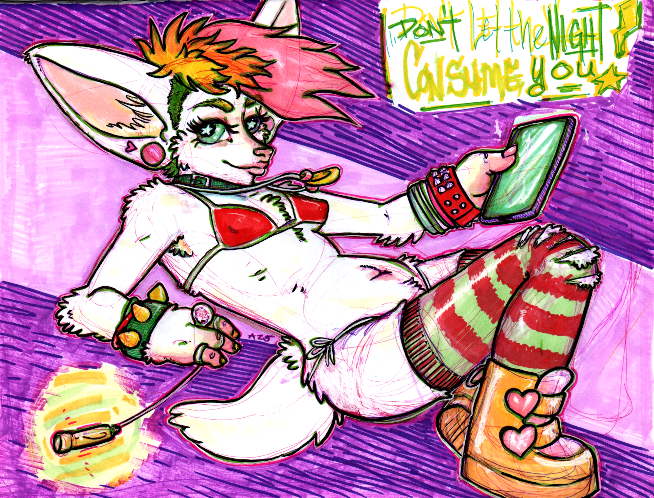 a feminine foxlike furry in a string bikini in a dramatic dancing pose. thet hold a cellphone and a glowstick. the caption 'don't let the night consume you' in the top left corner.